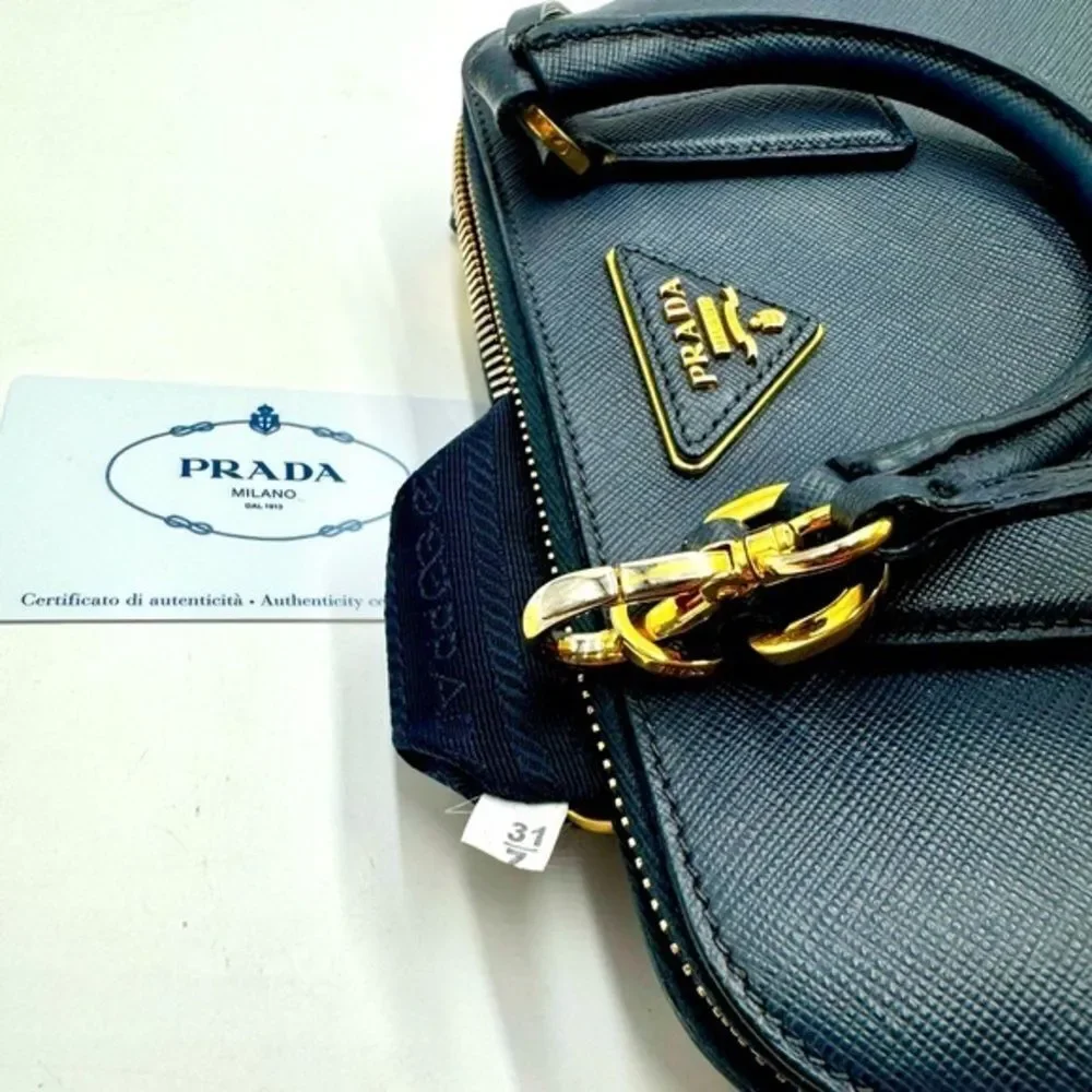 Auth Prada Small Baltic Blue Saffiano Lux Leather 2way Top Handle Promenade Bag